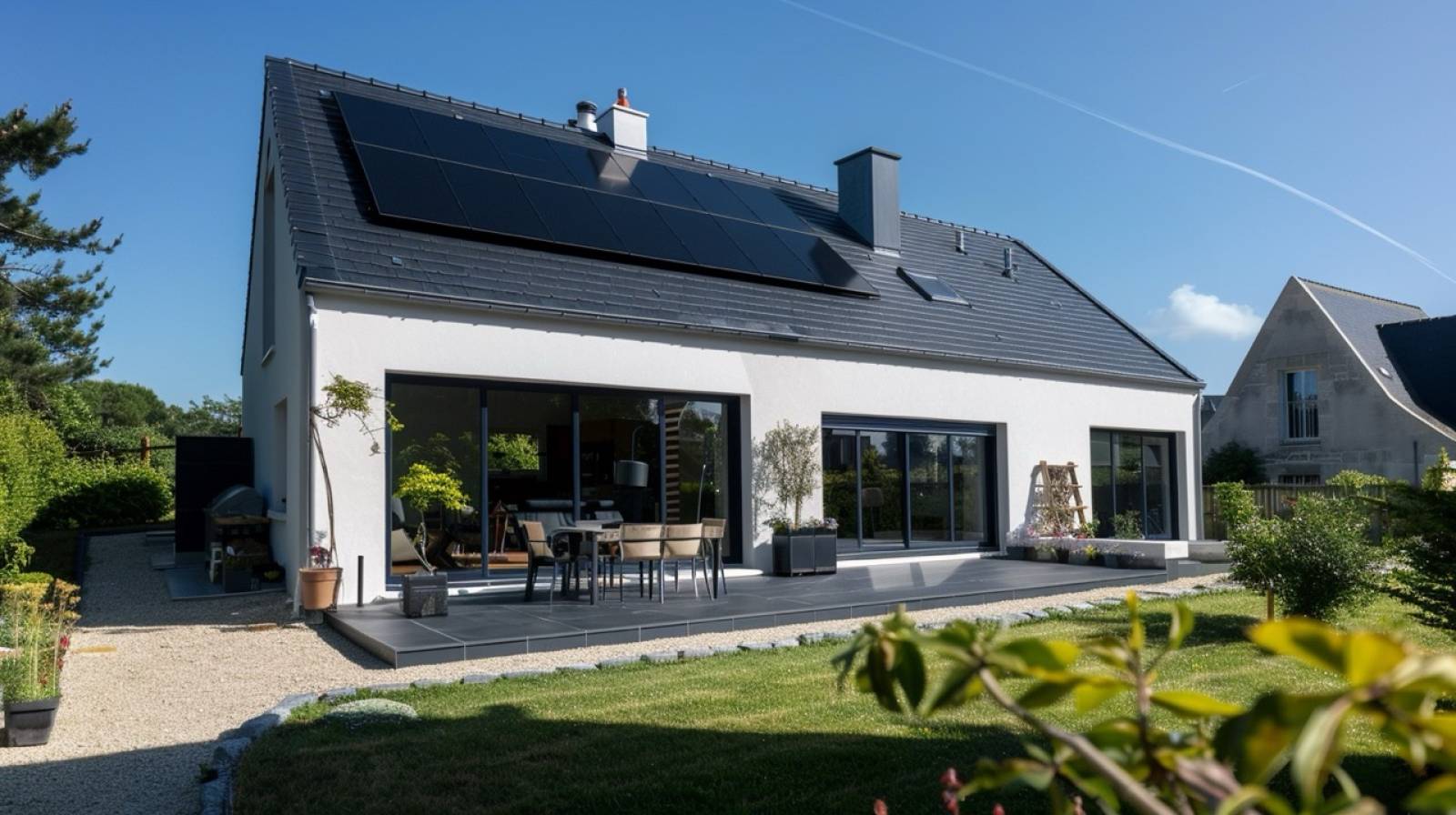 Maison moderne avec installation panneaux solaires photovoltaïques fullblack